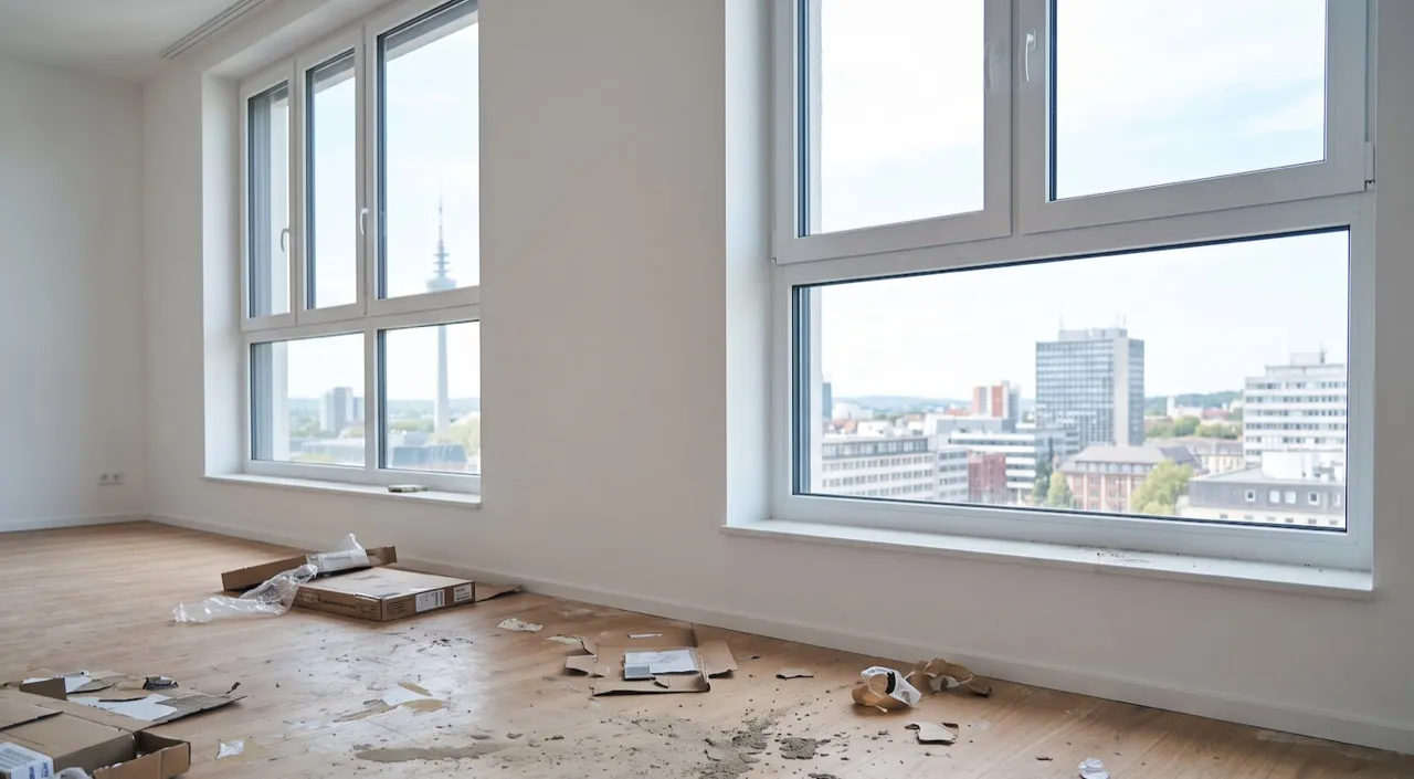 Neubau-Raum voller Baustaub vor der Bauschlussreinigung in Dortmund
