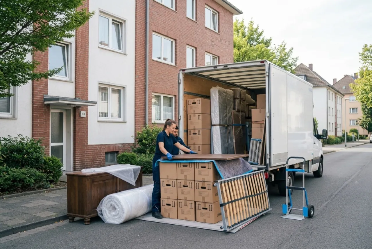 Beladener Entrümpelungs-Transporter vor einem Wohnhaus in Dortmund