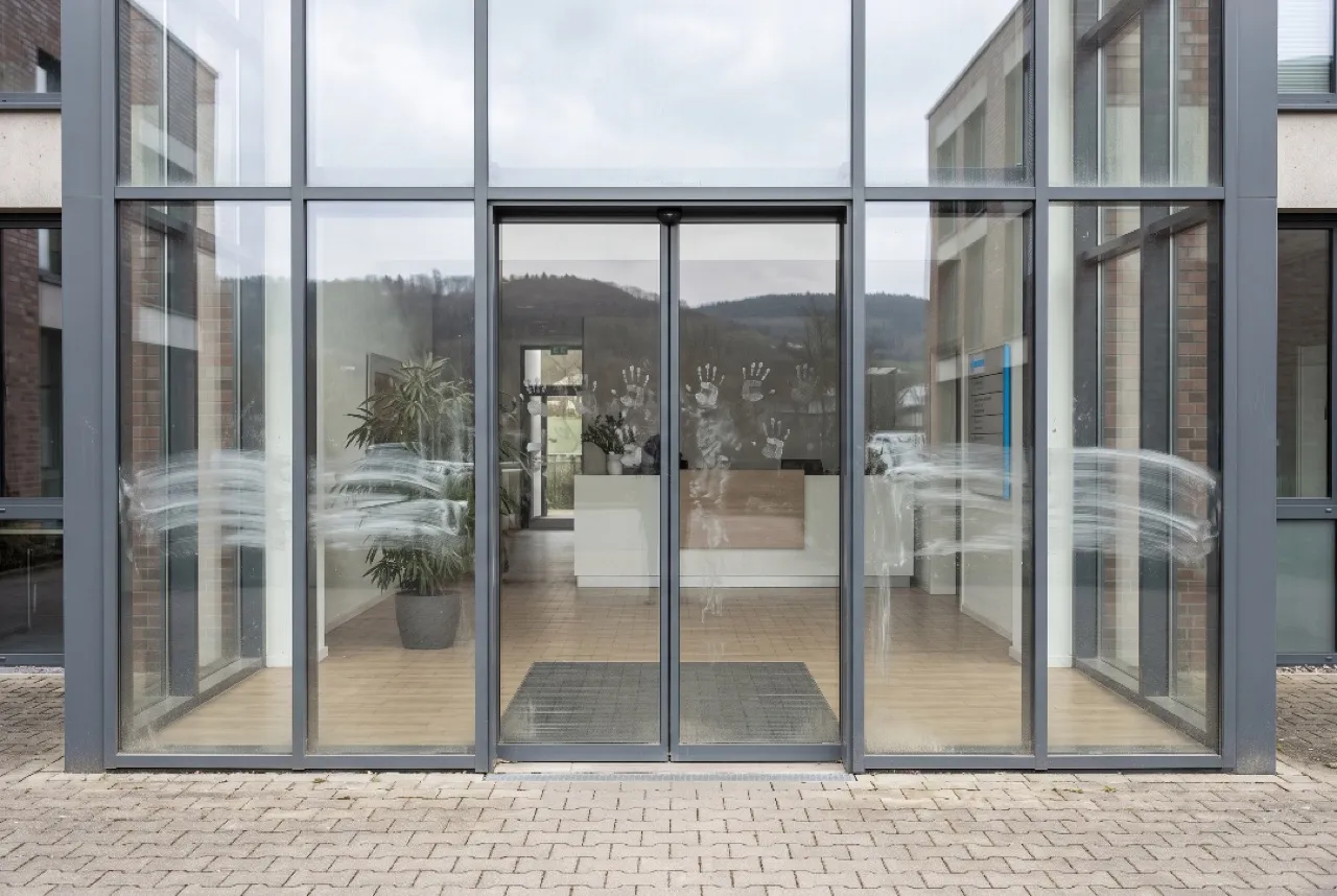Verschmutzte Eingangs- und Glasfront vor der Reinigung in Iserlohn