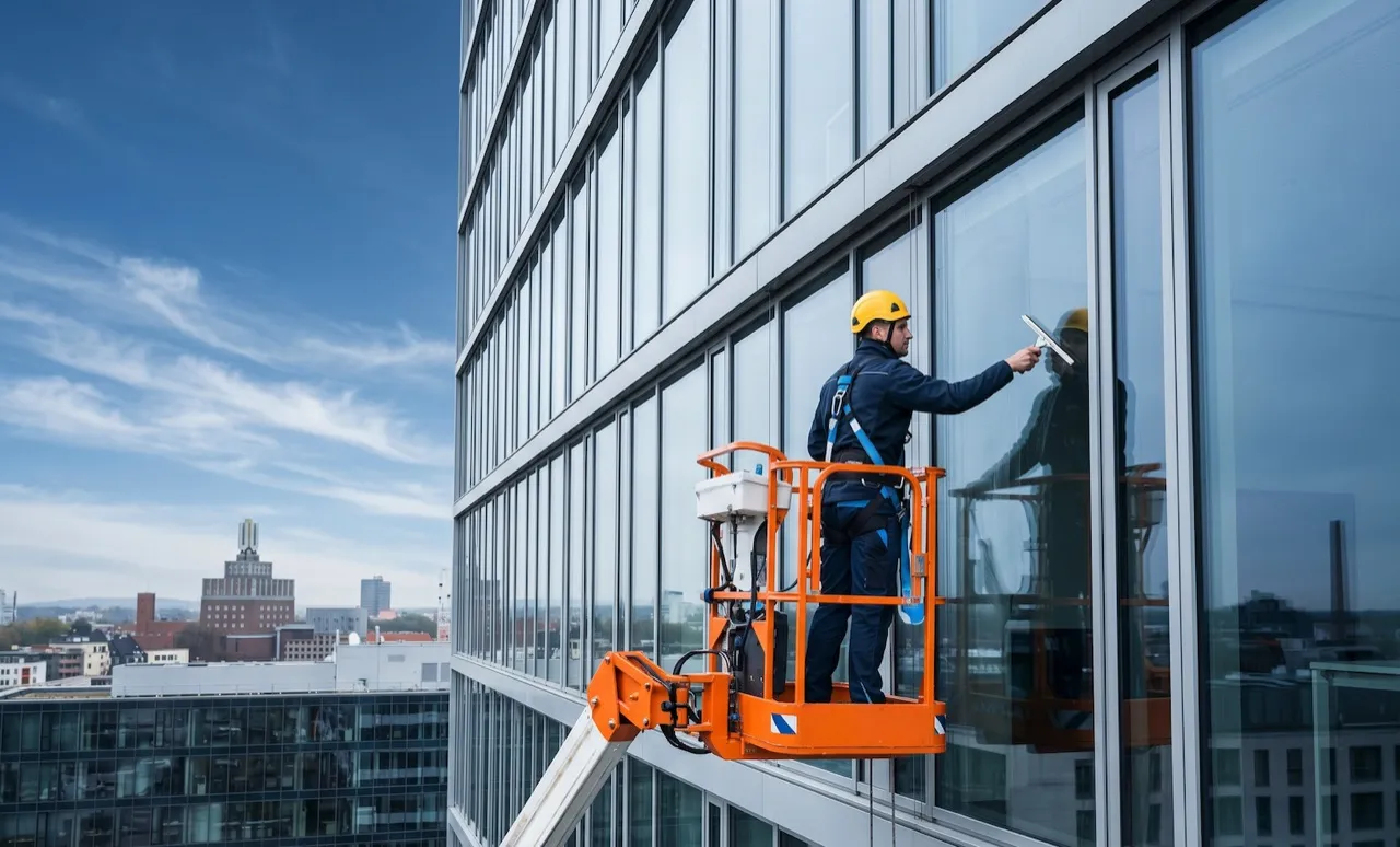 Glasreiniger auf Hebebühne an einer Glasfassade in Dortmund