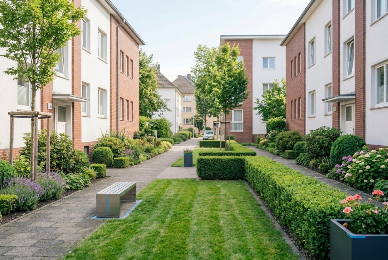 Gepflegte Grünanlage mit frisch gemähtem Rasen in Dortmund