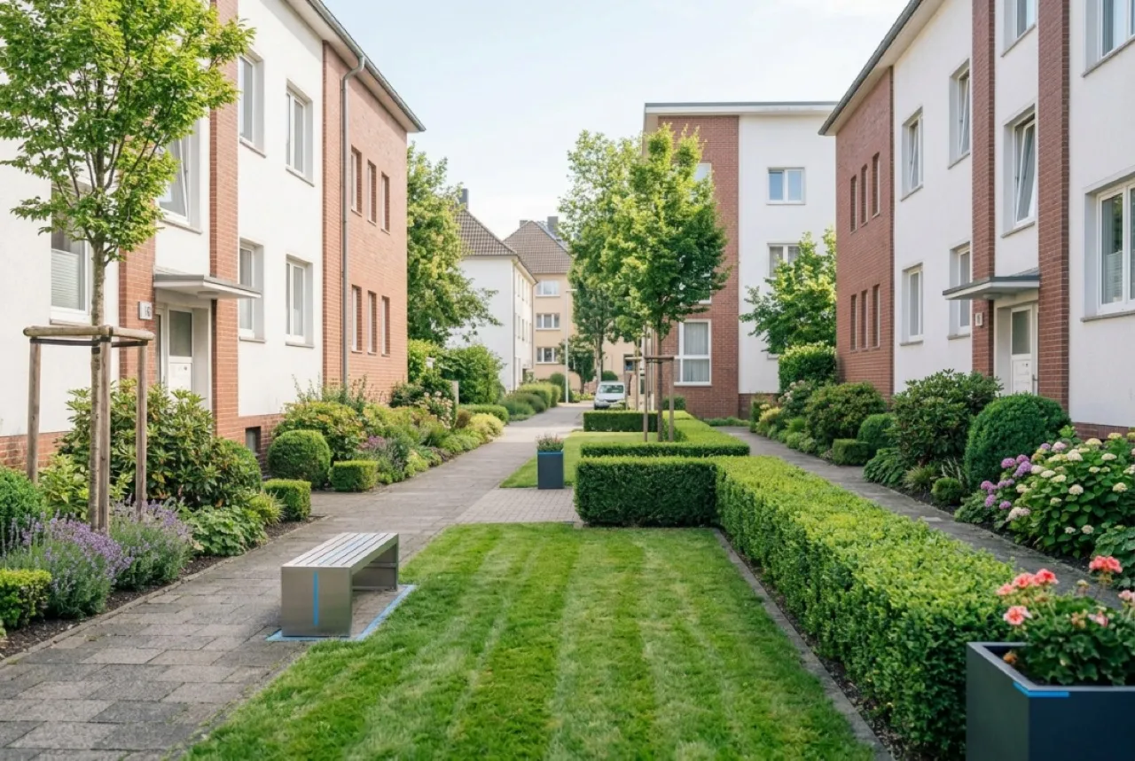 Gepflegte Grünanlage mit frisch gemähtem Rasen in Dortmund