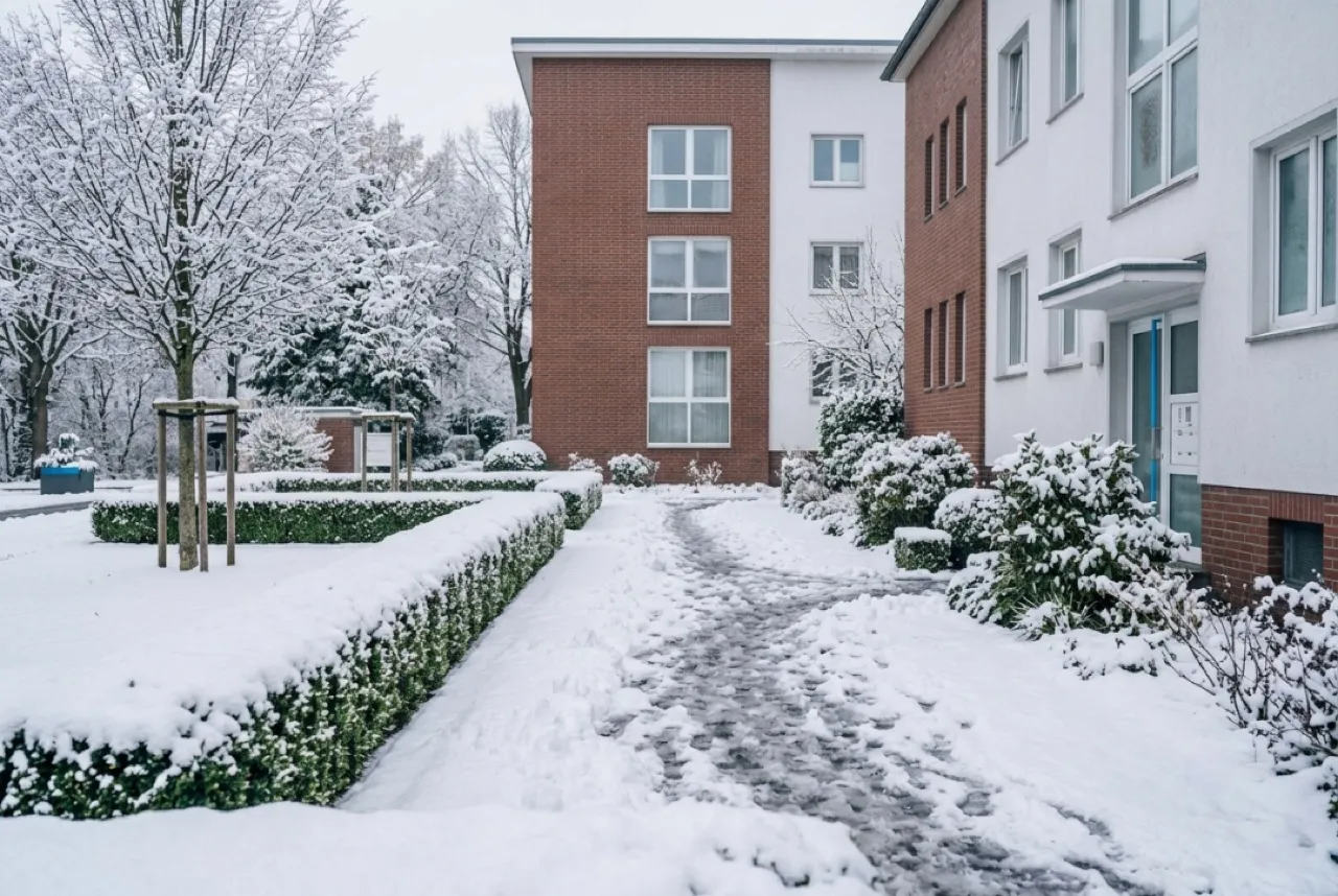 Schneebedeckter, vereister Gehweg im Winter in Dortmund
