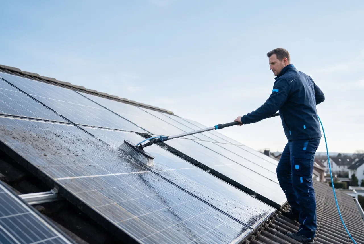 Reinigung von Solarpaneelen auf einem Dach in Dortmund