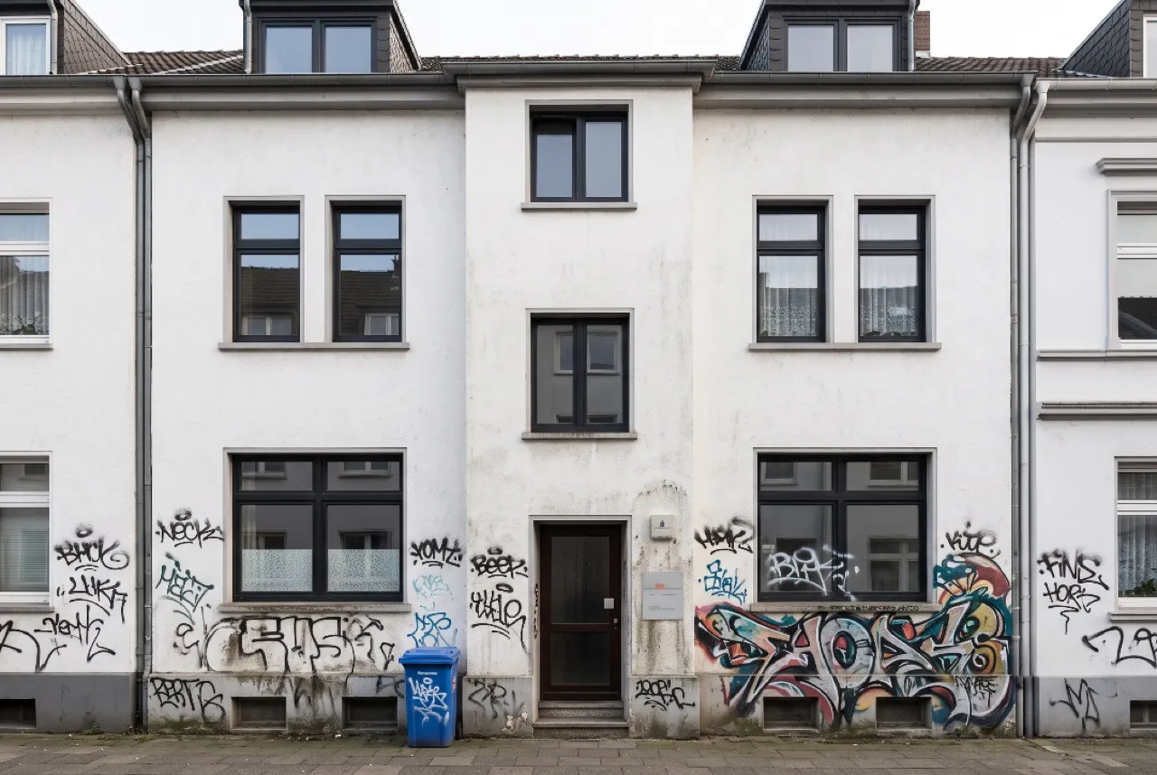 Mit Graffiti besprühte Fassade vor der Sonderreinigung in Dortmund